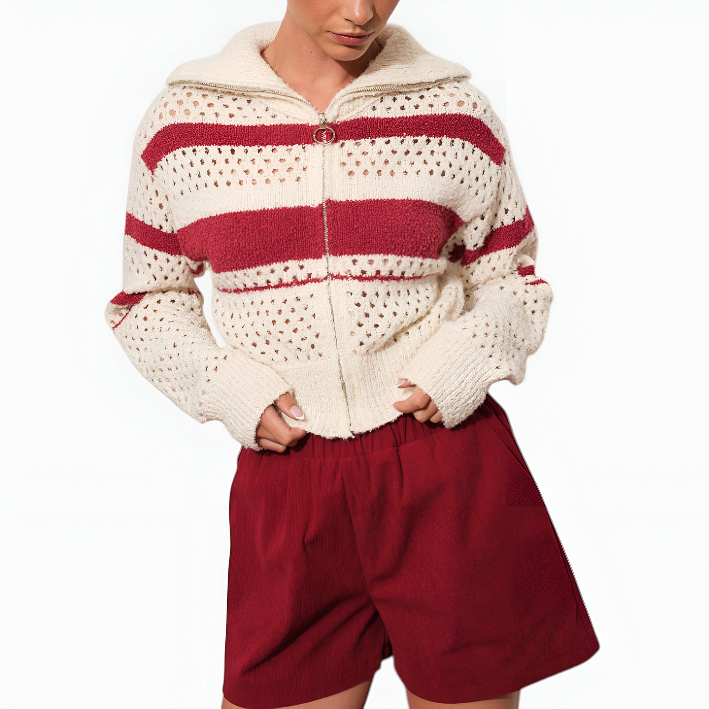 Striped Zip-Up Sweater with Open Knit Detailing and Stand Collar