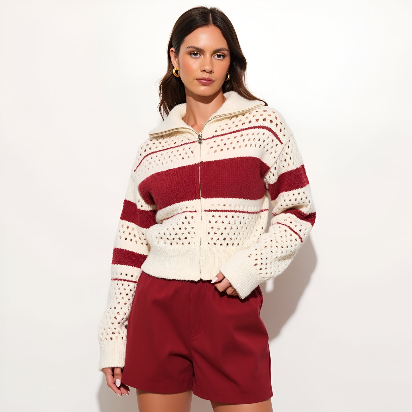 Striped Zip-Up Sweater with Open Knit Detailing and Stand Collar