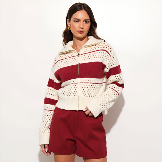 Striped Zip-Up Sweater with Open Knit Detailing and Stand Collar