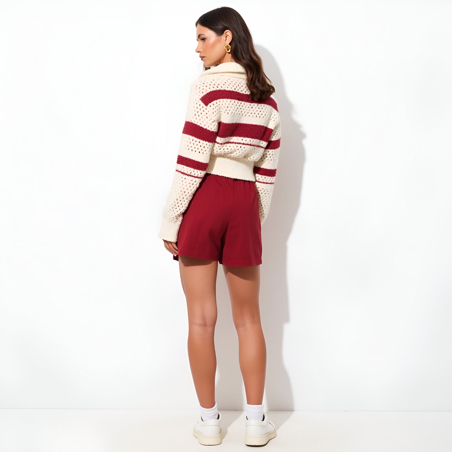 Striped Zip-Up Sweater with Open Knit Detailing and Stand Collar