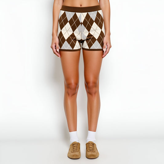 Argyle Knit High Waist Shorts with Ribbed Waistband and Fitted Hem
