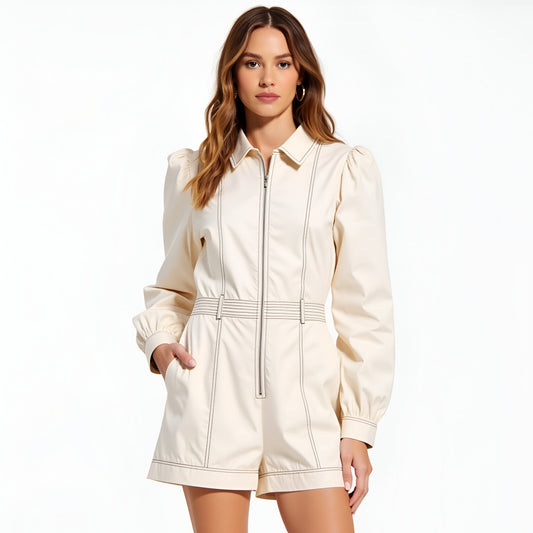 Long Sleeve Utility Romper with Contrast Topstitch and Zip Front Closure