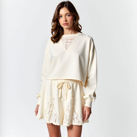 Lace Inset Pullover Lounge Top and Drawstring Shorts Set with Sheer Detail