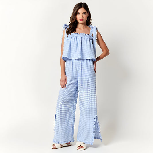 Gingham Wide Leg Pant Set with Smocked Tiered Top and Bow Tie Straps
