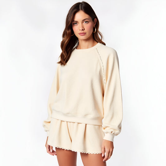 Textured Crewneck Lounge Sweatshirt and Scalloped Hem Shorts Set