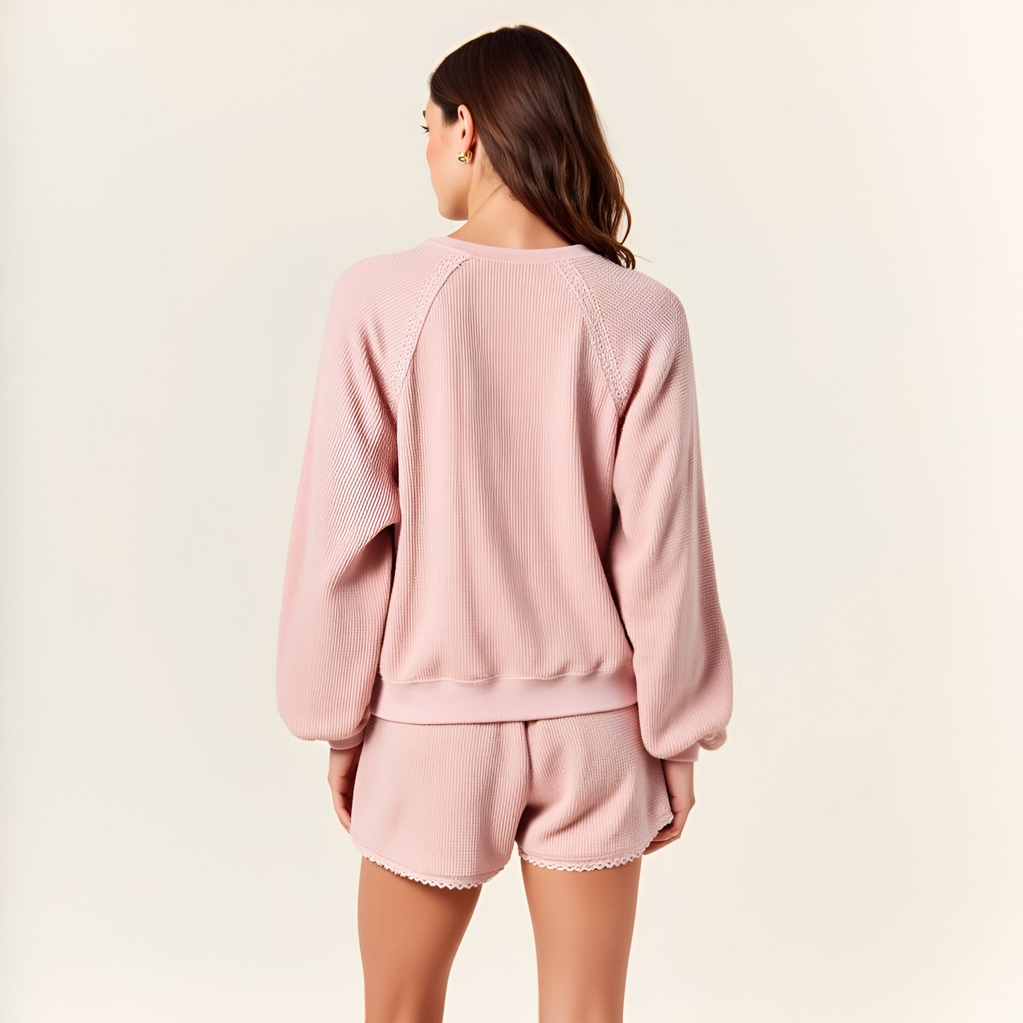 Textured Crewneck Lounge Sweatshirt and Scalloped Hem Shorts Set