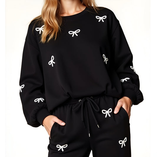 Bow Embroidered Sweatshirt and Jogger Set with Drawstring Waist and Pockets