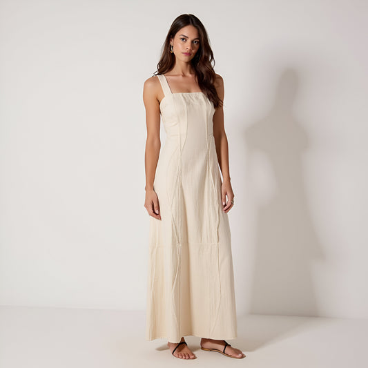 Sleeveless Maxi Dress with Textured Trim and Flowing Silhouette