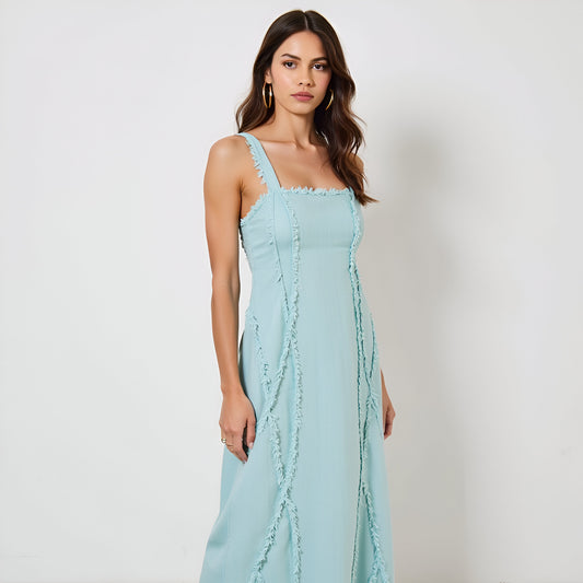 Sleeveless Maxi Dress with Textured Trim and Flowing Silhouette