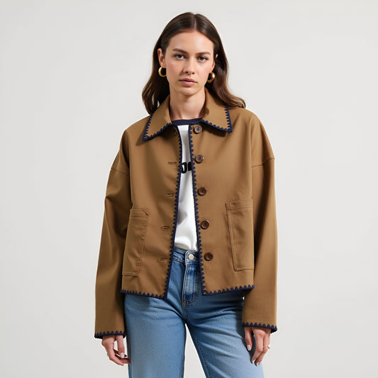 Cropped Button-Front Jacket with Contrast Scallop Trim and Patch Pocket