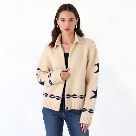 Zip-Up Knit Cardigan with Star and Wave Sleeve Pattern