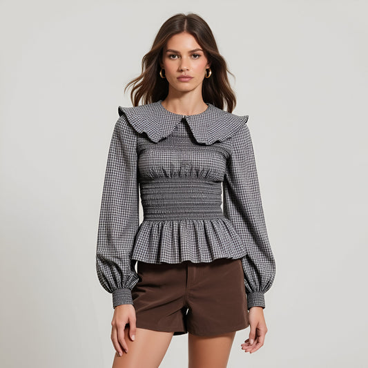 Smocked Peplum Blouse with Oversized Collar and Long Sleeves