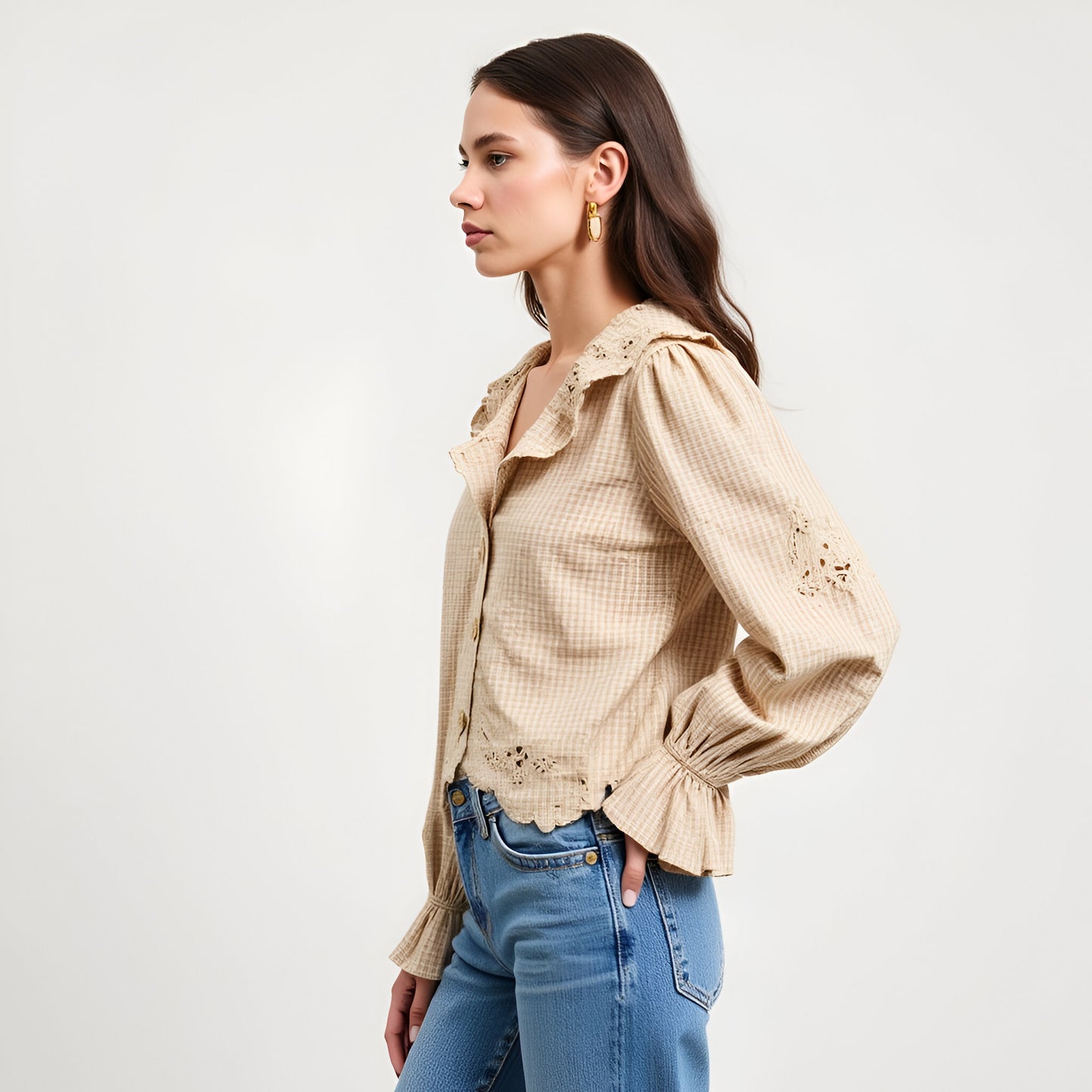 Embroidered Scallop Trim Blouse with Ruffle Collar and Long Sleeves