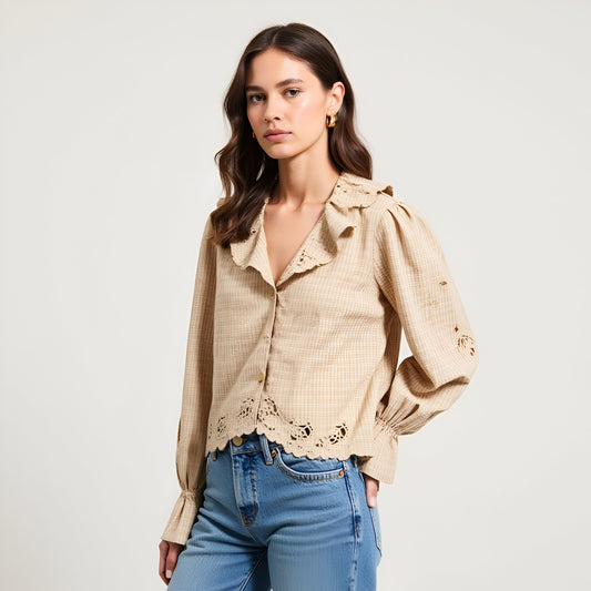 Embroidered Scallop Trim Blouse with Ruffle Collar and Long Sleeves