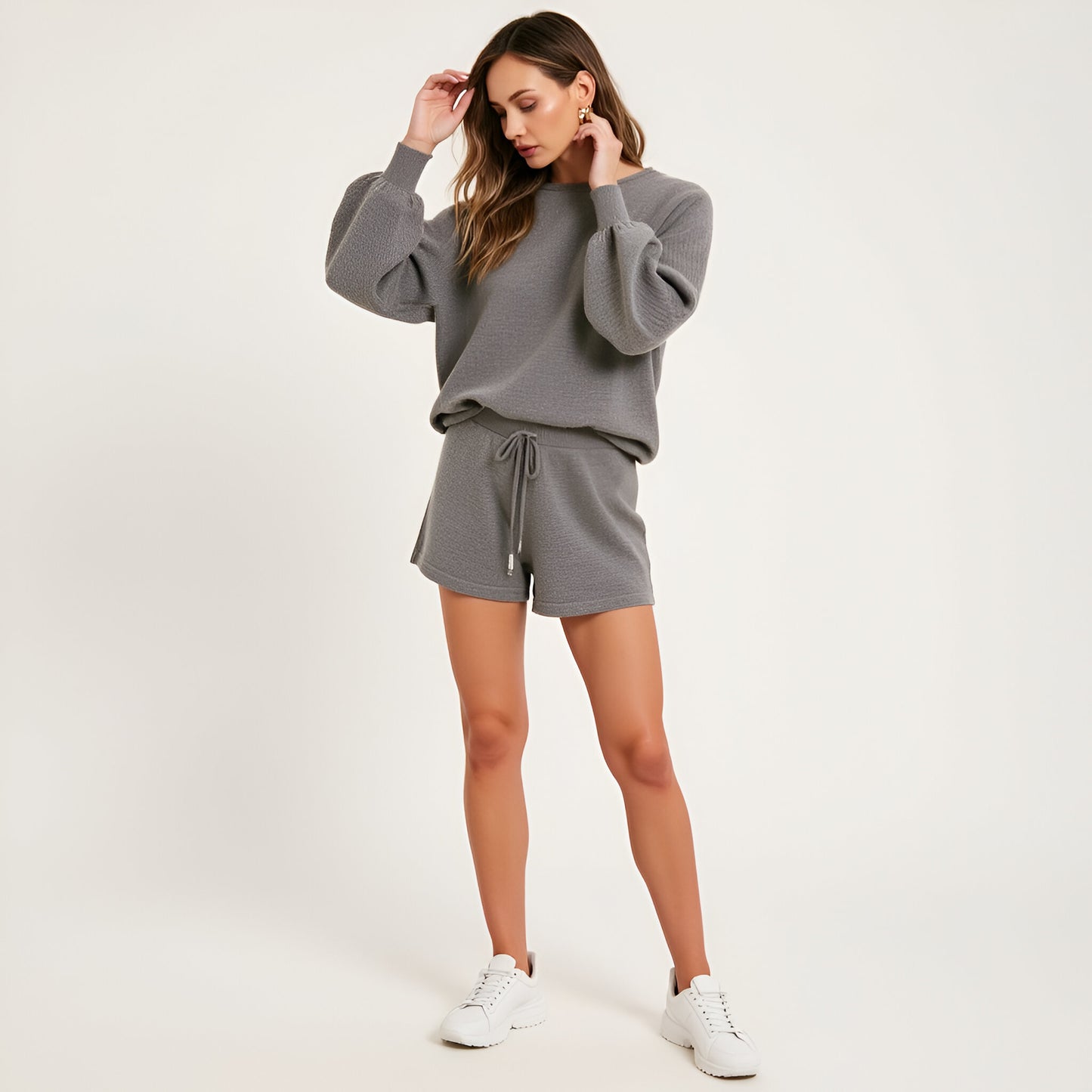 Balloon Sleeve Knit Pullover and Drawstring Shorts Lounge Set