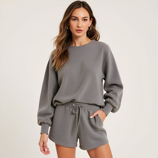 Balloon Sleeve Knit Pullover and Drawstring Shorts Lounge Set
