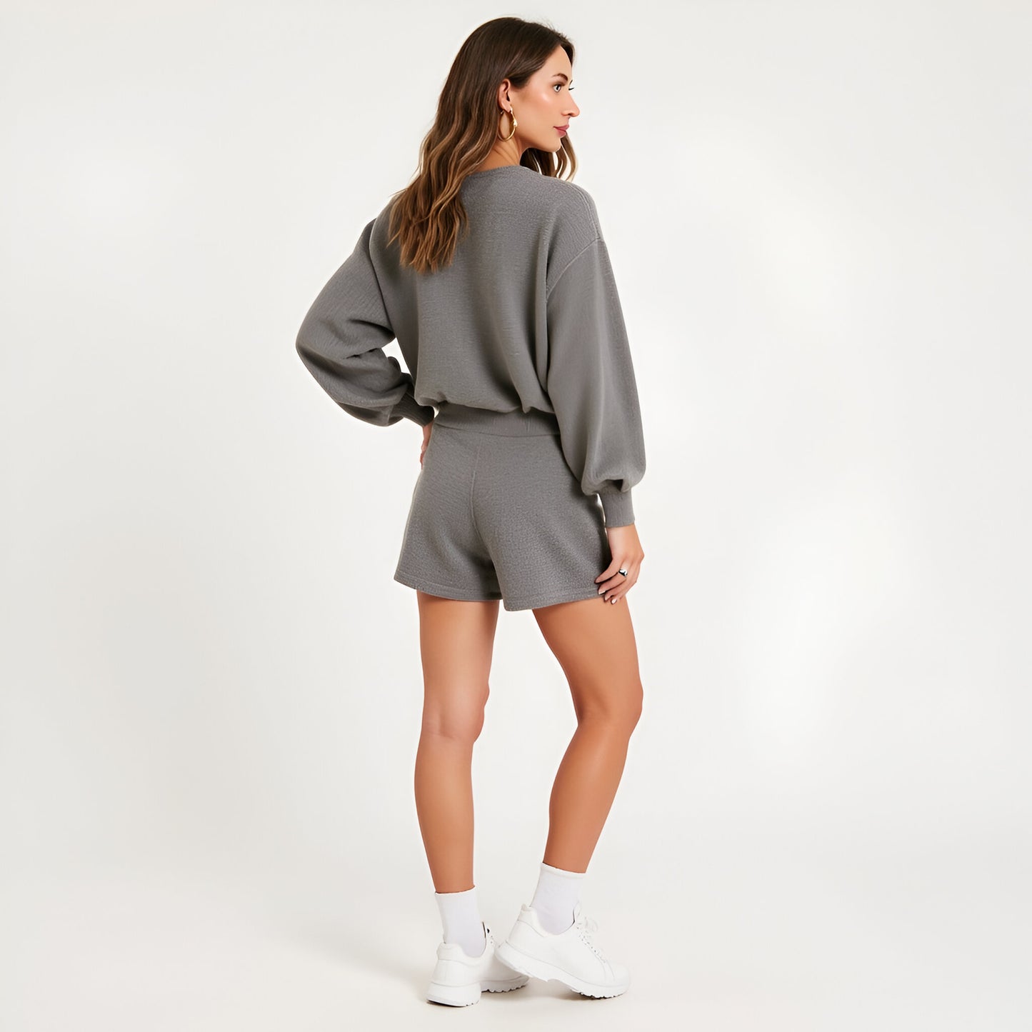 Balloon Sleeve Knit Pullover and Drawstring Shorts Lounge Set