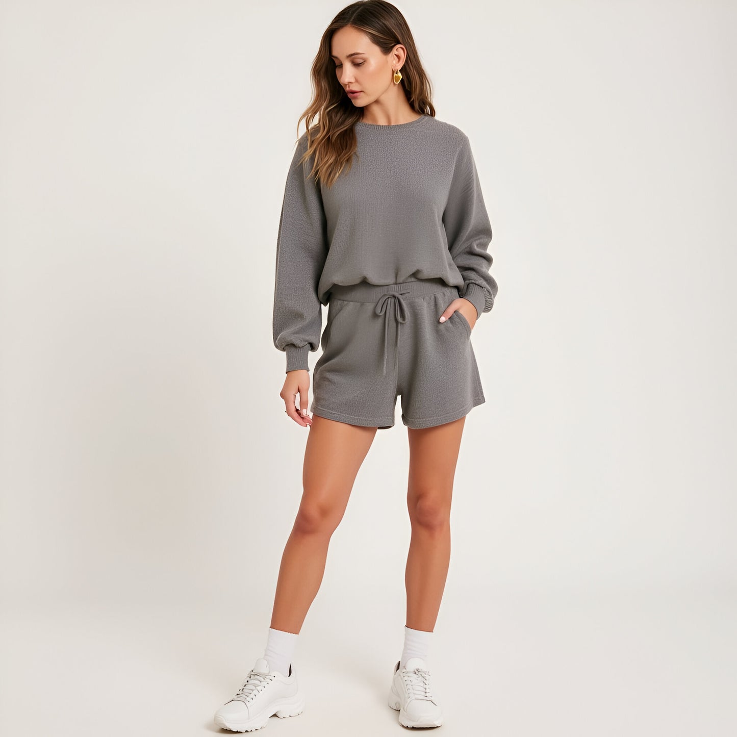 Balloon Sleeve Knit Pullover and Drawstring Shorts Lounge Set