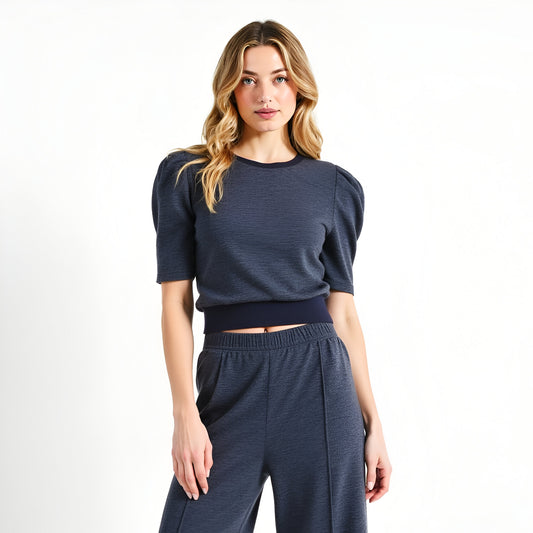 Puff Sleeve Knit Top and Wide Leg Pants Set with Stretch Waistband