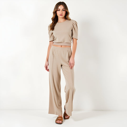 Puff Sleeve Knit Top and Wide Leg Pants Set with Stretch Waistband