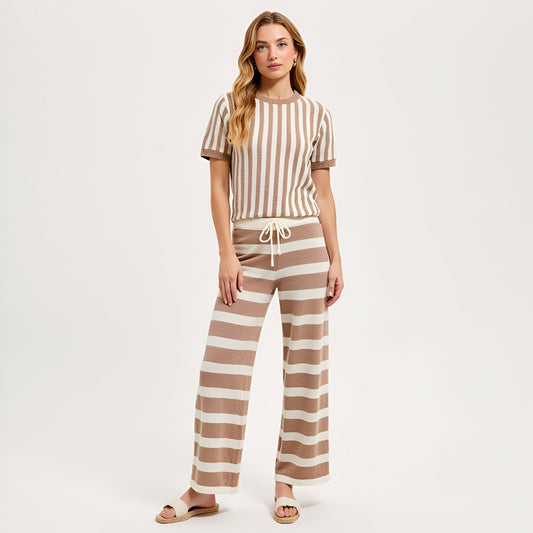 Striped Short Sleeve Knit Top and Wide Leg Pants Lounge Set with Drawstring