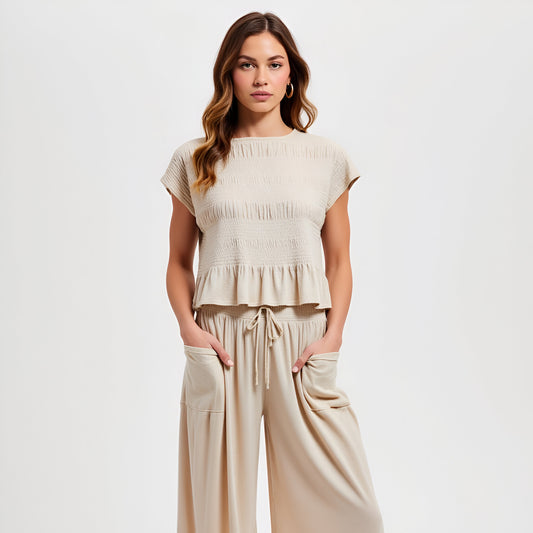 Smocked Knit Top and Wide-Leg Pants Set with Relaxed Fit