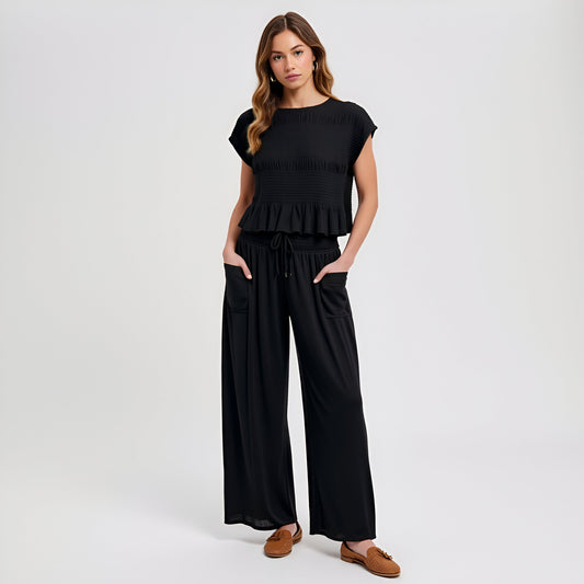 Smocked Knit Top and Wide-Leg Pants Set with Relaxed Fit