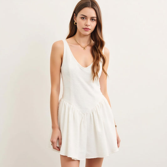 Textured Sleeveless V-Neck Mini Dress with Flowy Drop Waist