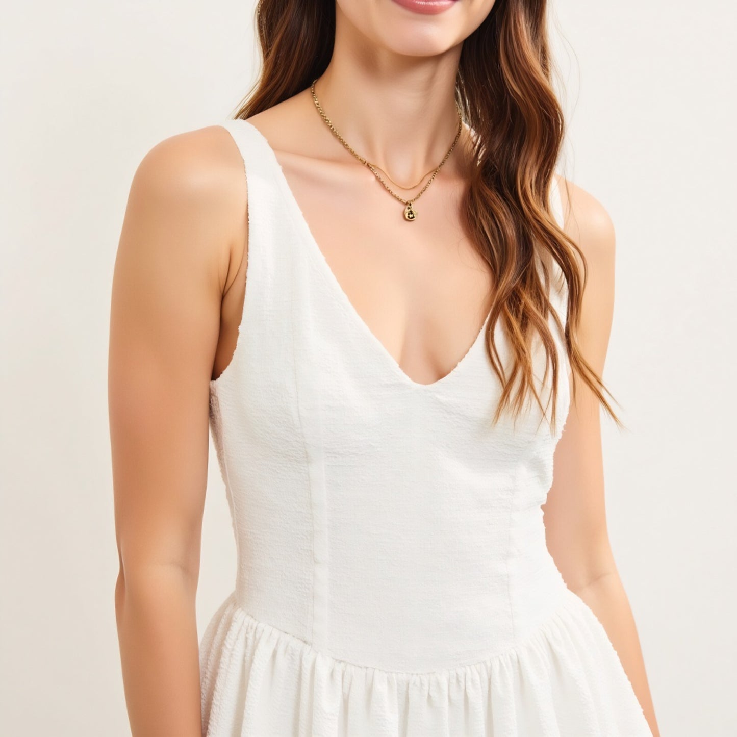 Textured Sleeveless V-Neck Mini Dress with Flowy Drop Waist