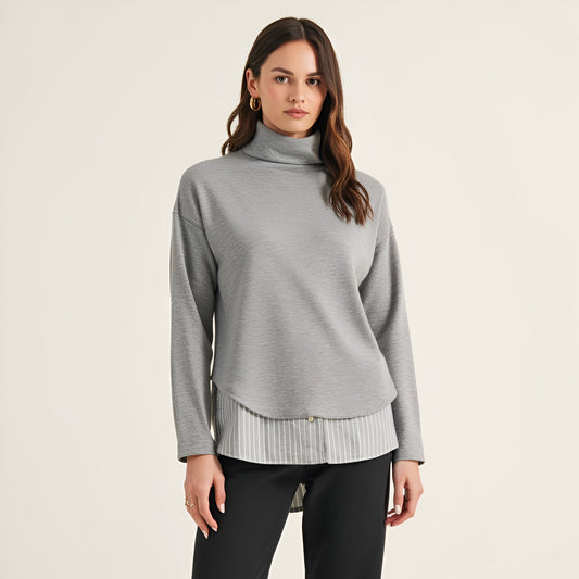 Mixed Media Turtleneck Top with Open Back and Woven Striped Shirt Contrast