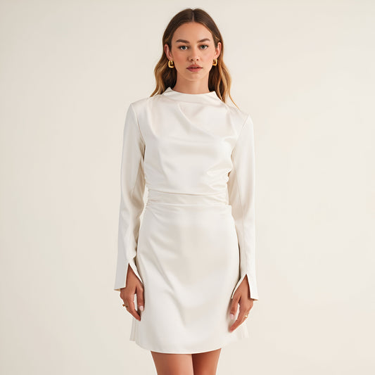 Long Sleeve Satin Mini Dress with Draped Neckline and Fitted Waist