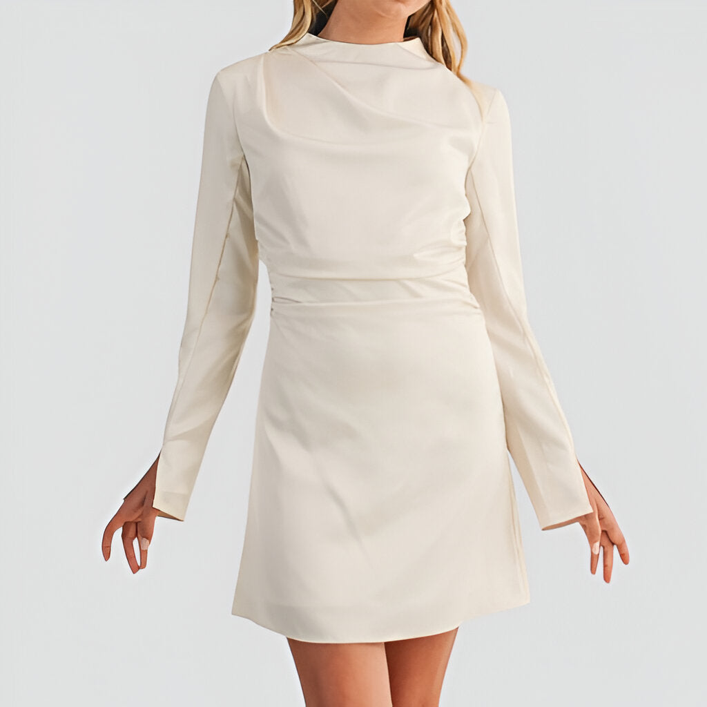 Long Sleeve Satin Mini Dress with Draped Neckline and Fitted Waist