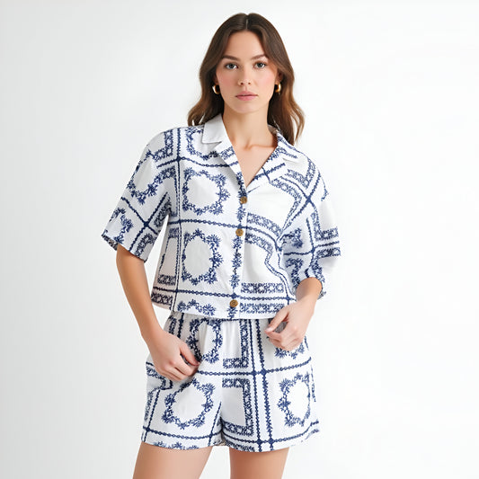 Embroidered Tile Print Button-Up Shirt & Elastic Waist Shorts Set