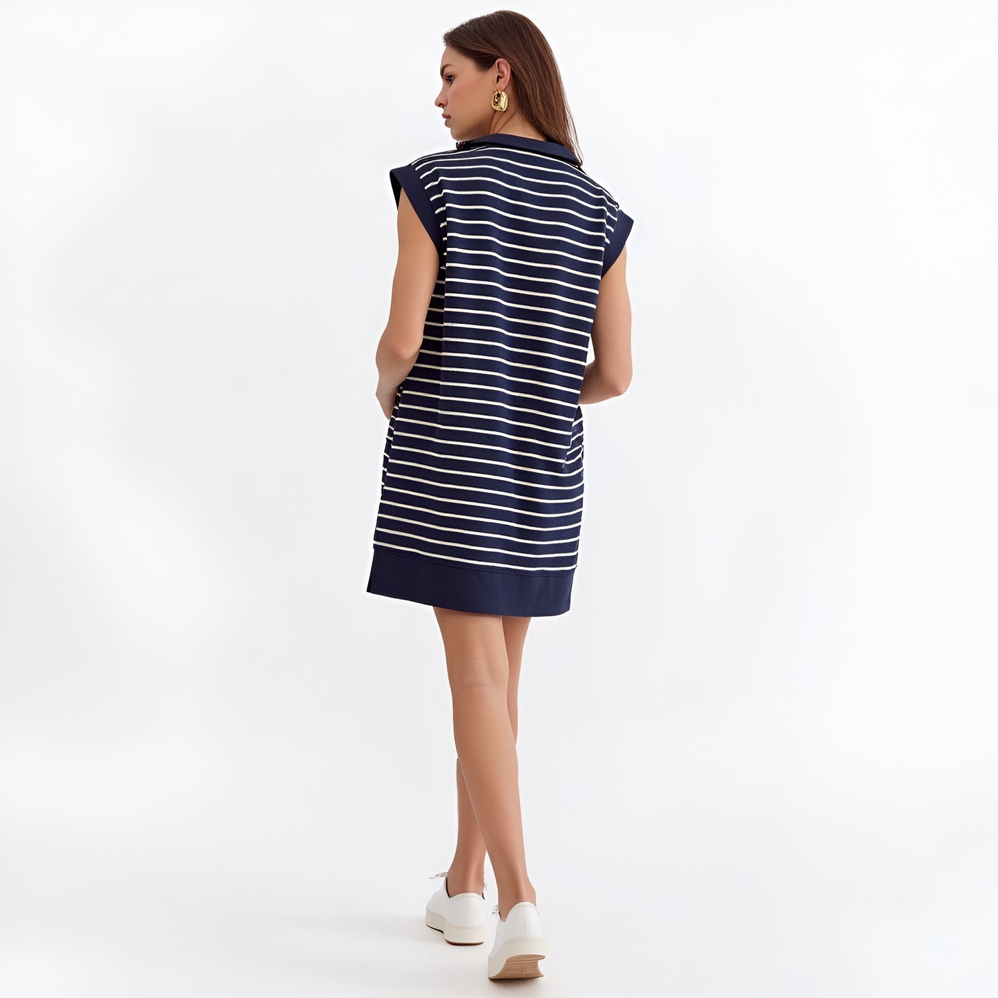 Striped Zip Neck Mini Dress with Ribbed Texture and Side Pockets