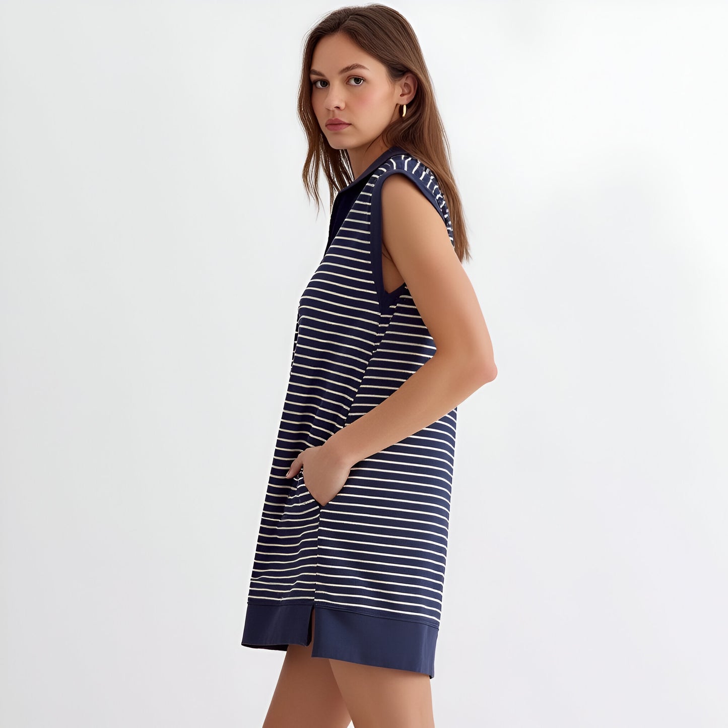 Striped Zip Neck Mini Dress with Ribbed Texture and Side Pockets