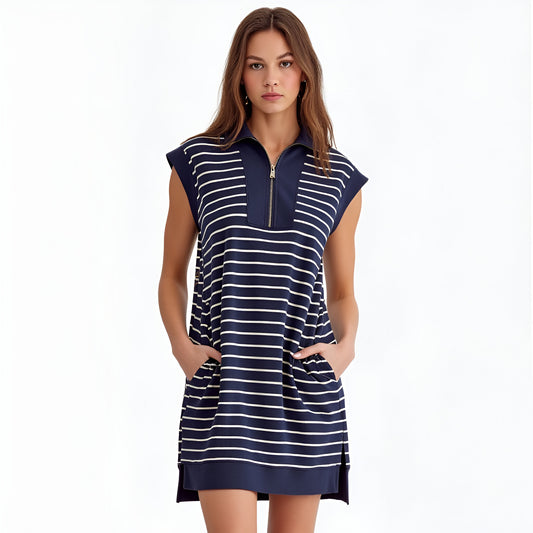 Striped Zip Neck Mini Dress with Ribbed Texture and Side Pockets