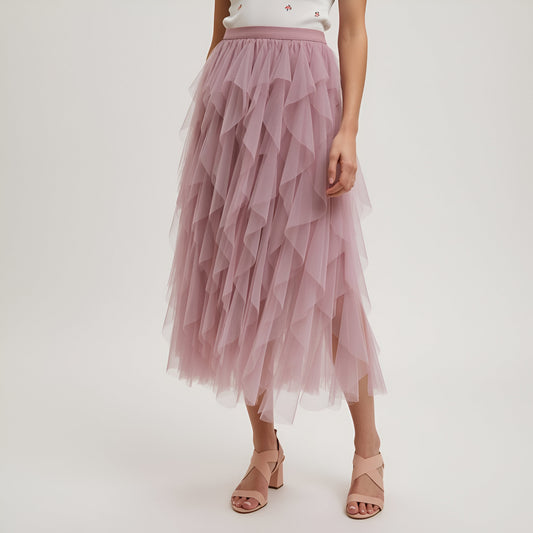 Tiered Tulle Midi Skirt with Layered Ruffle Detail and Elastic Waistband
