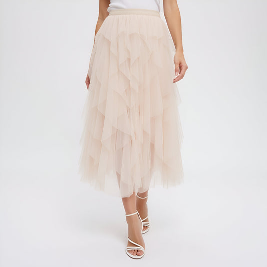 Tiered Tulle Midi Skirt with Layered Ruffle Detail and Elastic Waistband