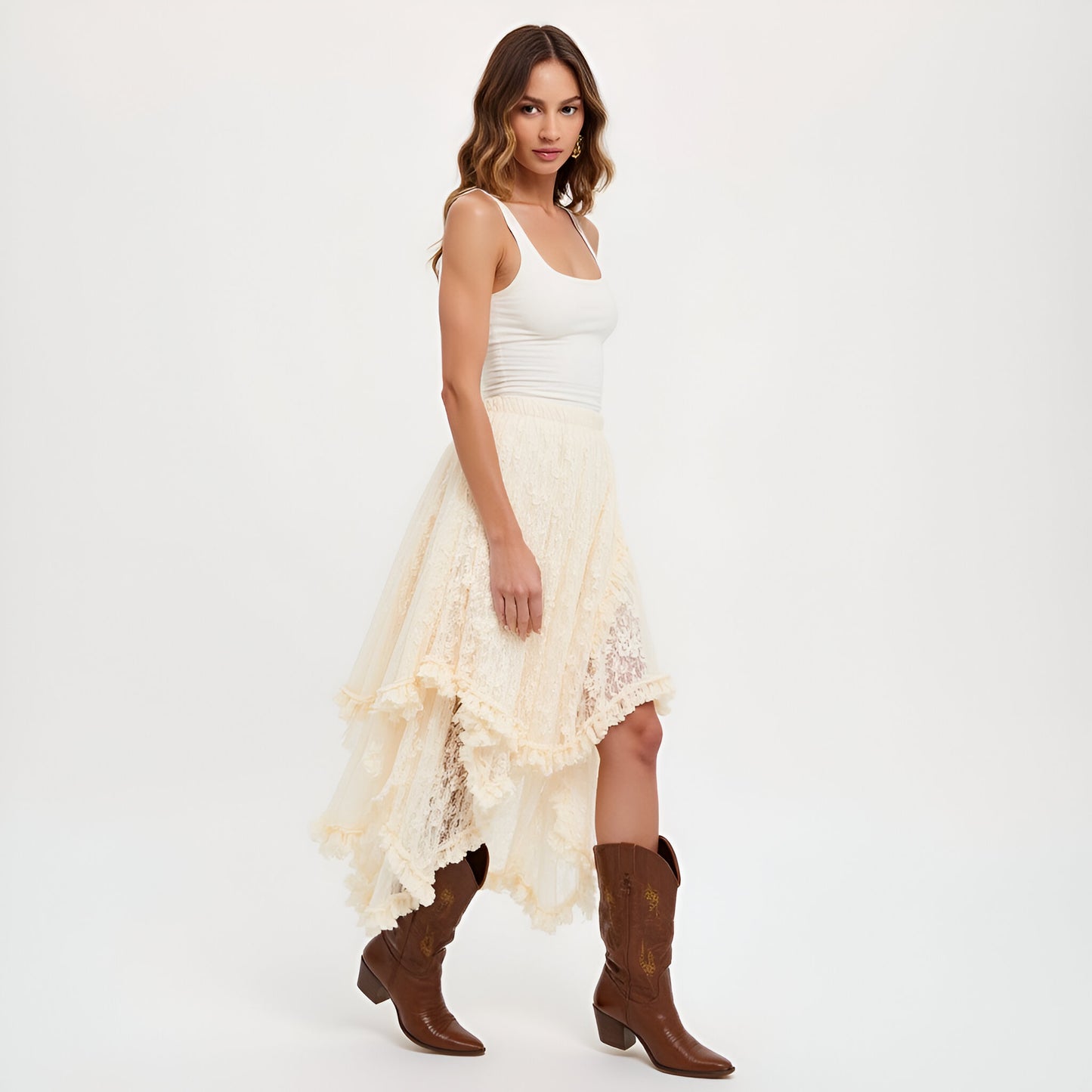 Tiered Lace Asymmetrical Skirt with Handkerchief Hem and Lined Detail