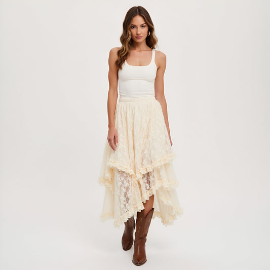 Tiered Lace Asymmetrical Skirt with Handkerchief Hem and Lined Detail