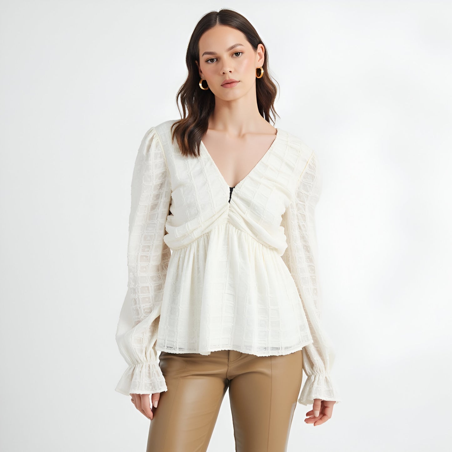 Textured Long Sleeve Blouse with Peplum Hem and Back Bow Tie
