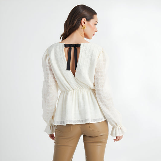 Textured Long Sleeve Blouse with Peplum Hem and Back Bow Tie