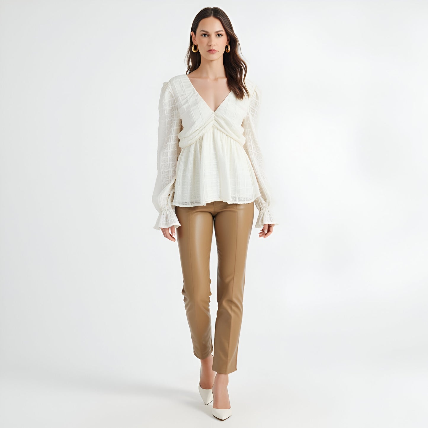 Textured Long Sleeve Blouse with Peplum Hem and Back Bow Tie