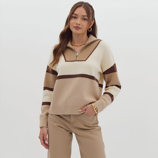 Striped Half-Zip Sweater with Ribbed Collar and Long Sleeves
