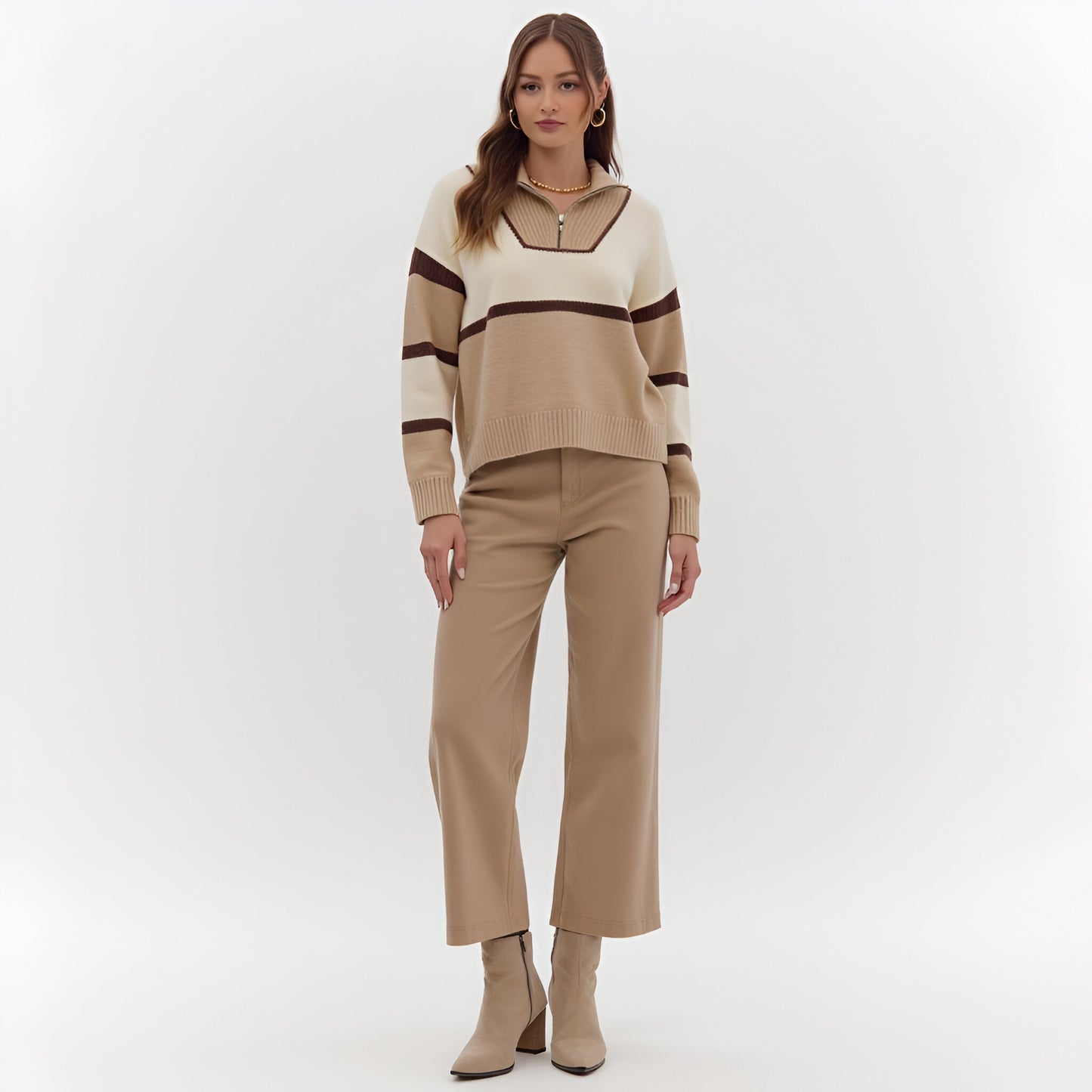 Striped Half-Zip Sweater with Ribbed Collar and Long Sleeves