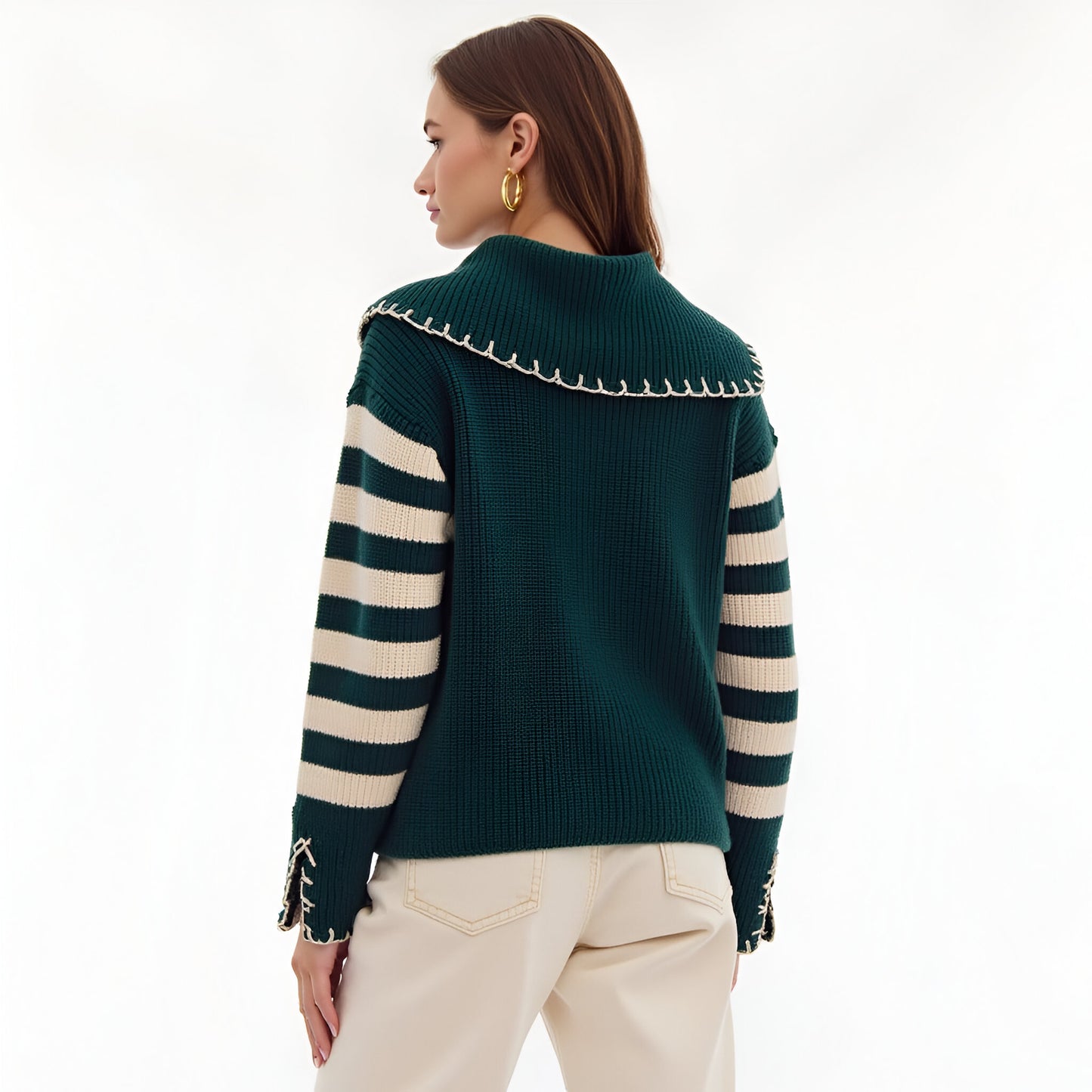 Striped Knit Sweater with Contrast Stitch Collar and Cuffs