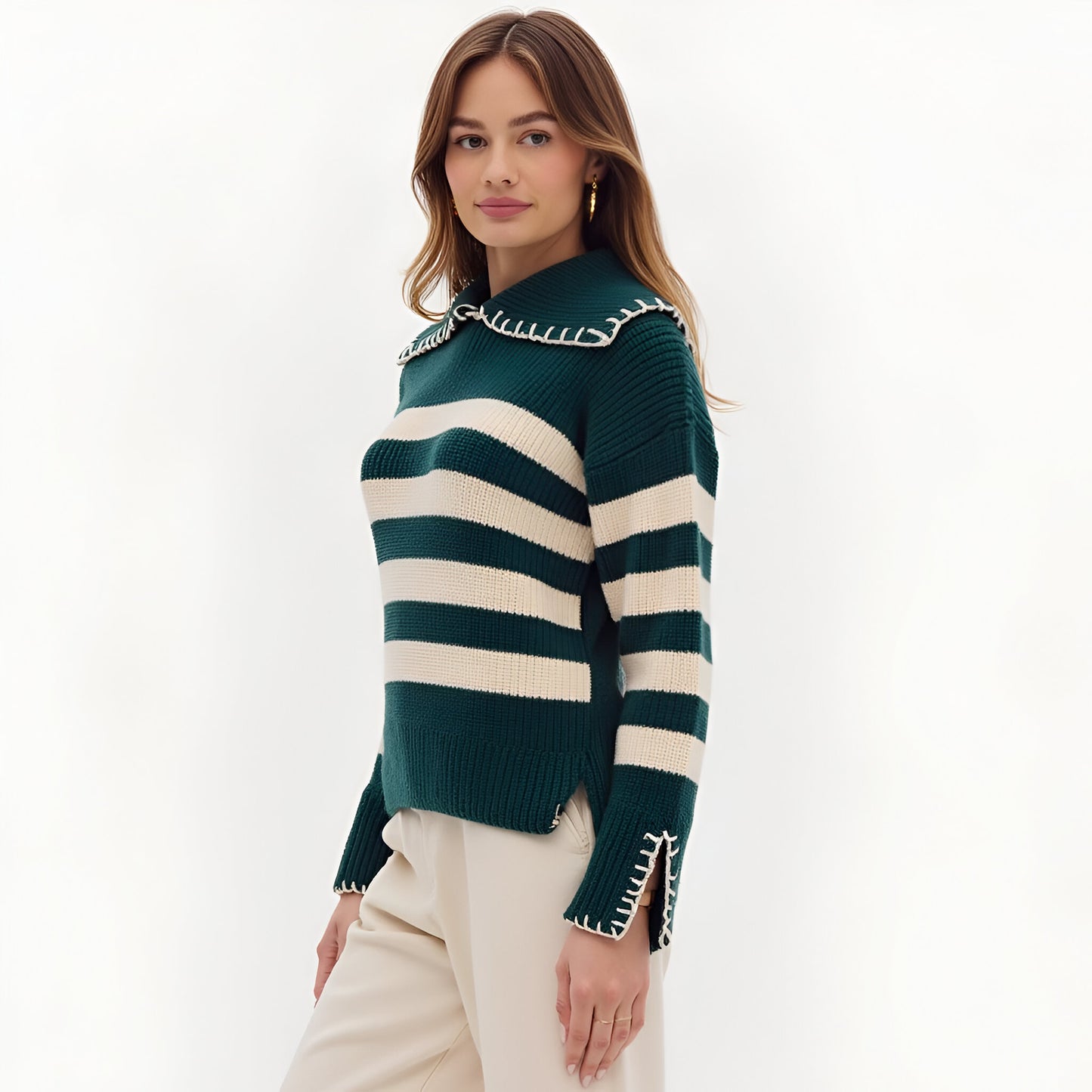 Striped Knit Sweater with Contrast Stitch Collar and Cuffs