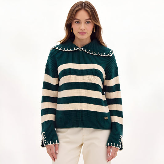 Striped Knit Sweater with Contrast Stitch Collar and Cuffs