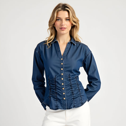 Ruched Waist Denim Button-Up Shirt with Long Sleeves