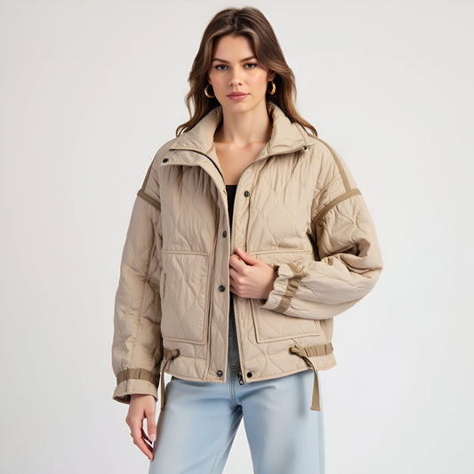 Quilted Jacket with High Collar, Contrast Trim and Adjustable Hem